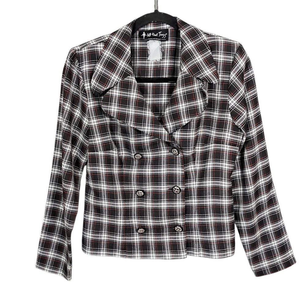 VTG 80s Black Red Plaid‎ Preppy Double Breasted Crop Blazer Top M Clueless USA